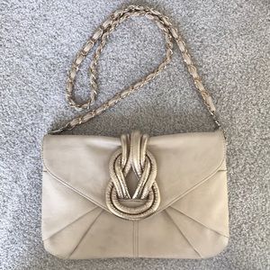 Leather Shoulder Bag with Gold Chain Accent - Beige